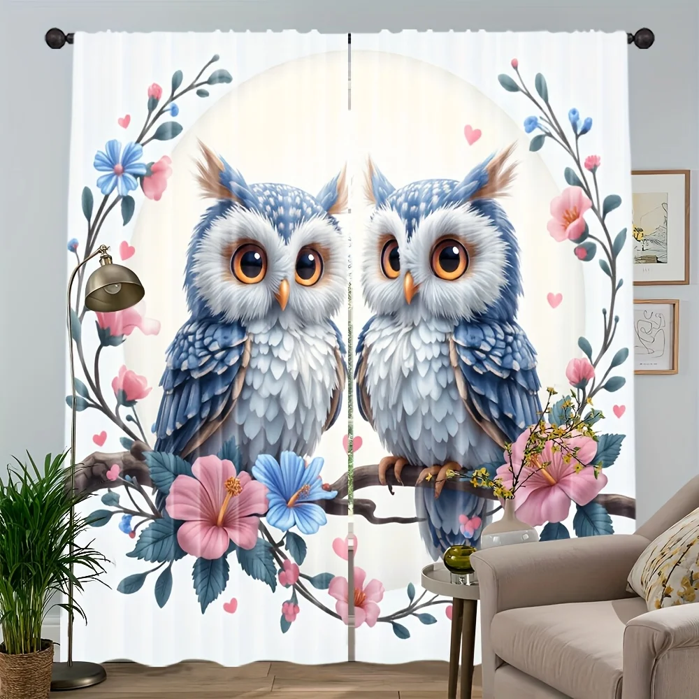 Bohemian Owl Floral Heart Rod Pocket Window Curtains - Boho Autumn Room Decor for Bedroom Living Room Set of 2 Panels