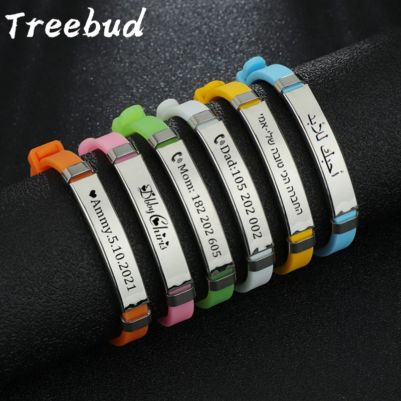 Treebud-Pulseras antipérdida para bebés y niños, brazalete de silicona de acero inoxidable con grabado personalizado, nombre, fecha, número de