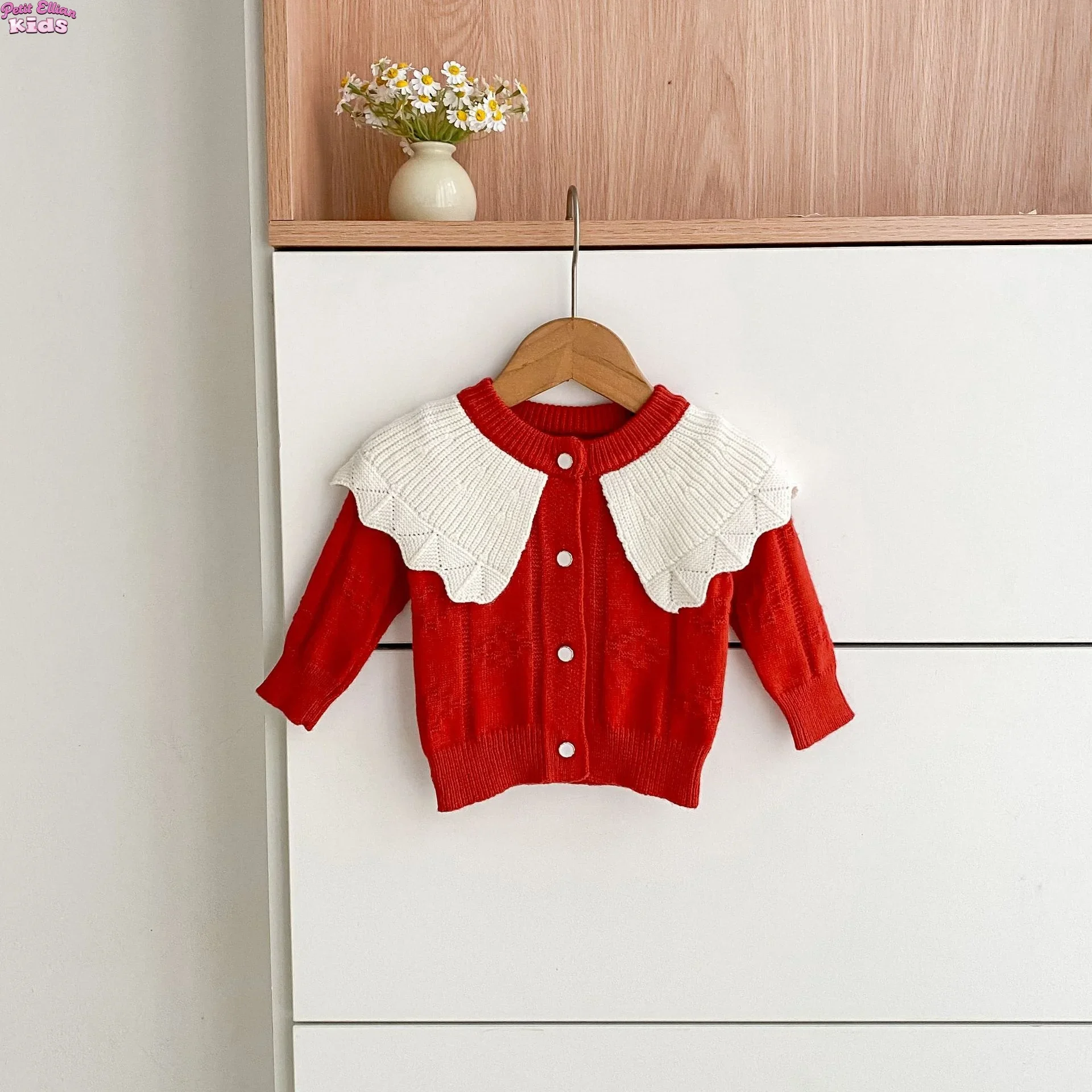 

0-2Y Baby Girl Knitwear Doll Collar Knit Cardigan Scalloped Ruffle Neckline Soft Button Up Sweater Multi Color Casual Outfit