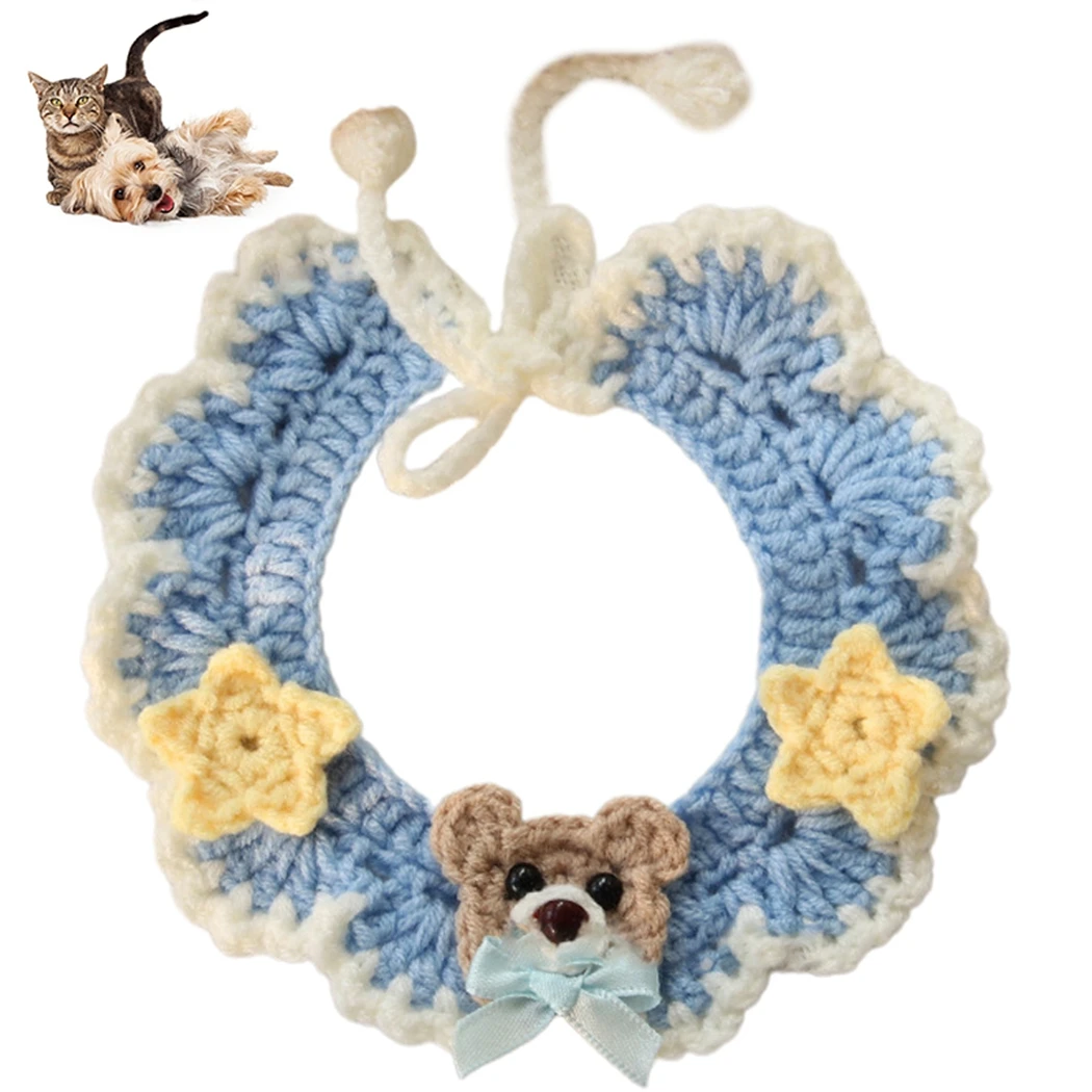 Hand-Knitted Faux Woolen Pet Color Small Flower Crochet Collar Cat Bib Dog Bib Scarf British Short Shiba Inu Dog Cat Accessories