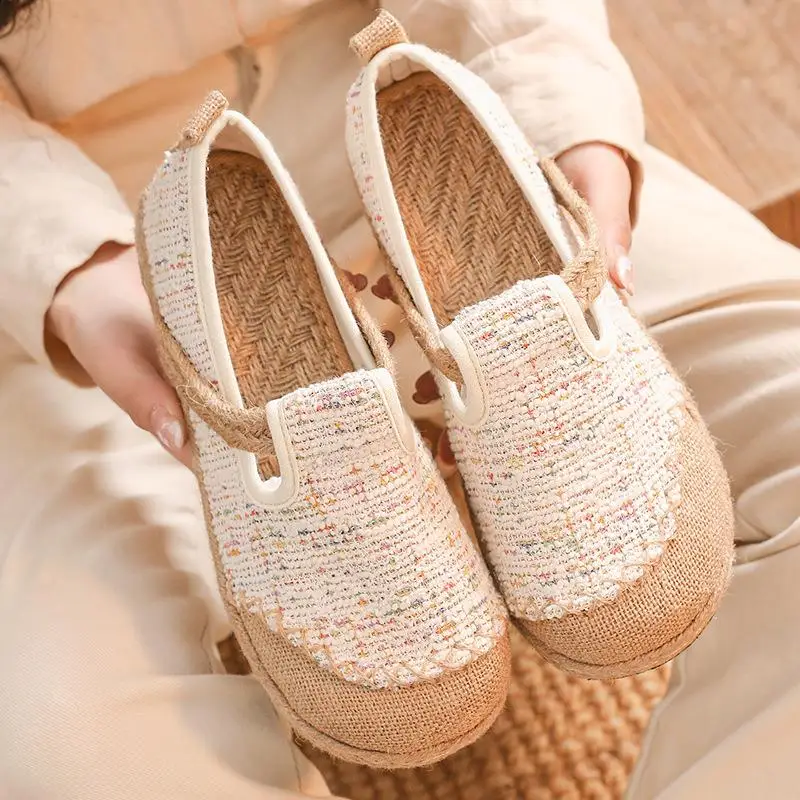 Women\'s Shoes Platform Shallow Mouth Round Toe Casual Female Sneakers Slip-on Flax Increas Height Clogs New Slip On Linen Leisur