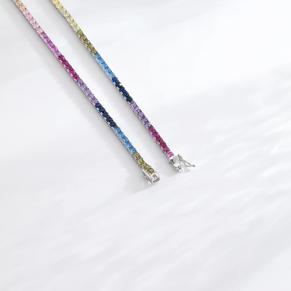 3mm Rainbow Multi-Color Cubic Zirconia 925 Sterling Silver Tennis Chain Necklace for Women, Dainty Jewelry Gift