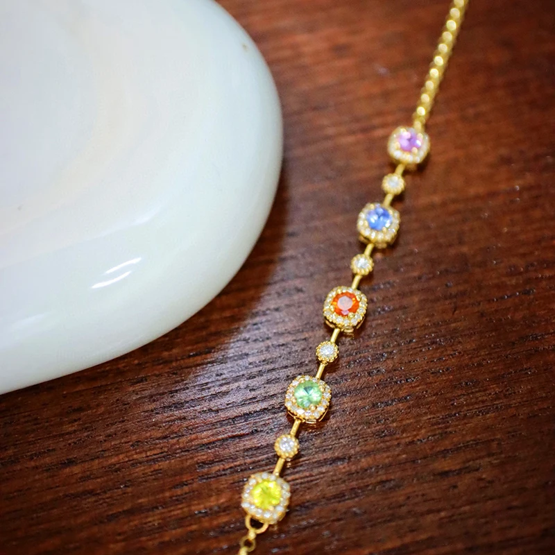 Aazuo Luxury 18K Yellow Gold Natrual Color Sapphire Real Diamonds Rainbow Bracelet For Woman Upscale Trendy Engagement Party