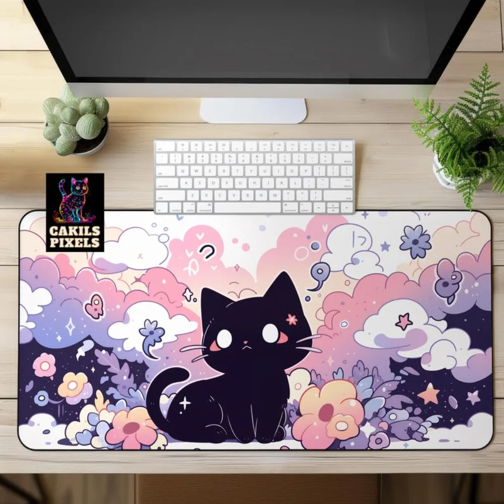 Cute Black Cat Desk Mat Kawaii Gaming Mousepad offices accessories love and deepspace accesorios para escritorio maus pad