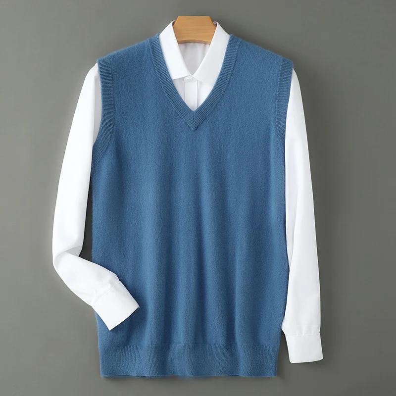 Men V-neck Sweater Vest Pullover Autumn Winter Basic Casual 100% Mink Cashmere Knitted Soft Sleeveless Waistcoat Top