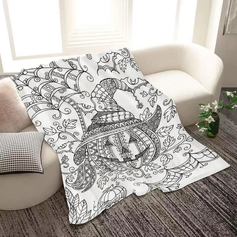 Halloween Pumpkin Bat DIY Coloring Printed Flannel Blanket Warm Soft Cozy Throw Blanket Couch Bed Living Room Decor