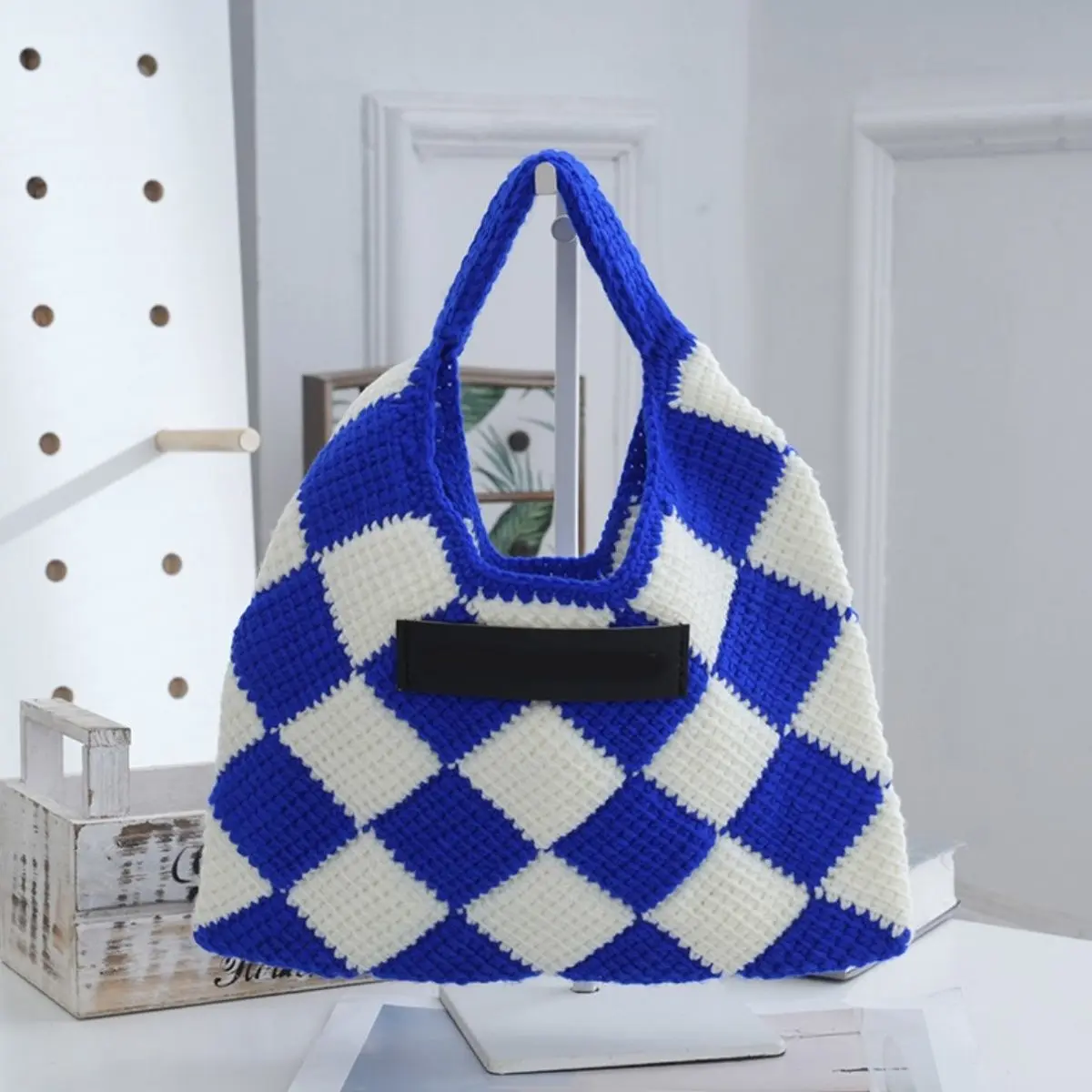 

Набор для самостоятельного изготовления вязаной сумки с ромбовидным пэчворком, ретро-клетчатая сумка-тоут большого объема, вязаная крючком, на плечо или подмышку