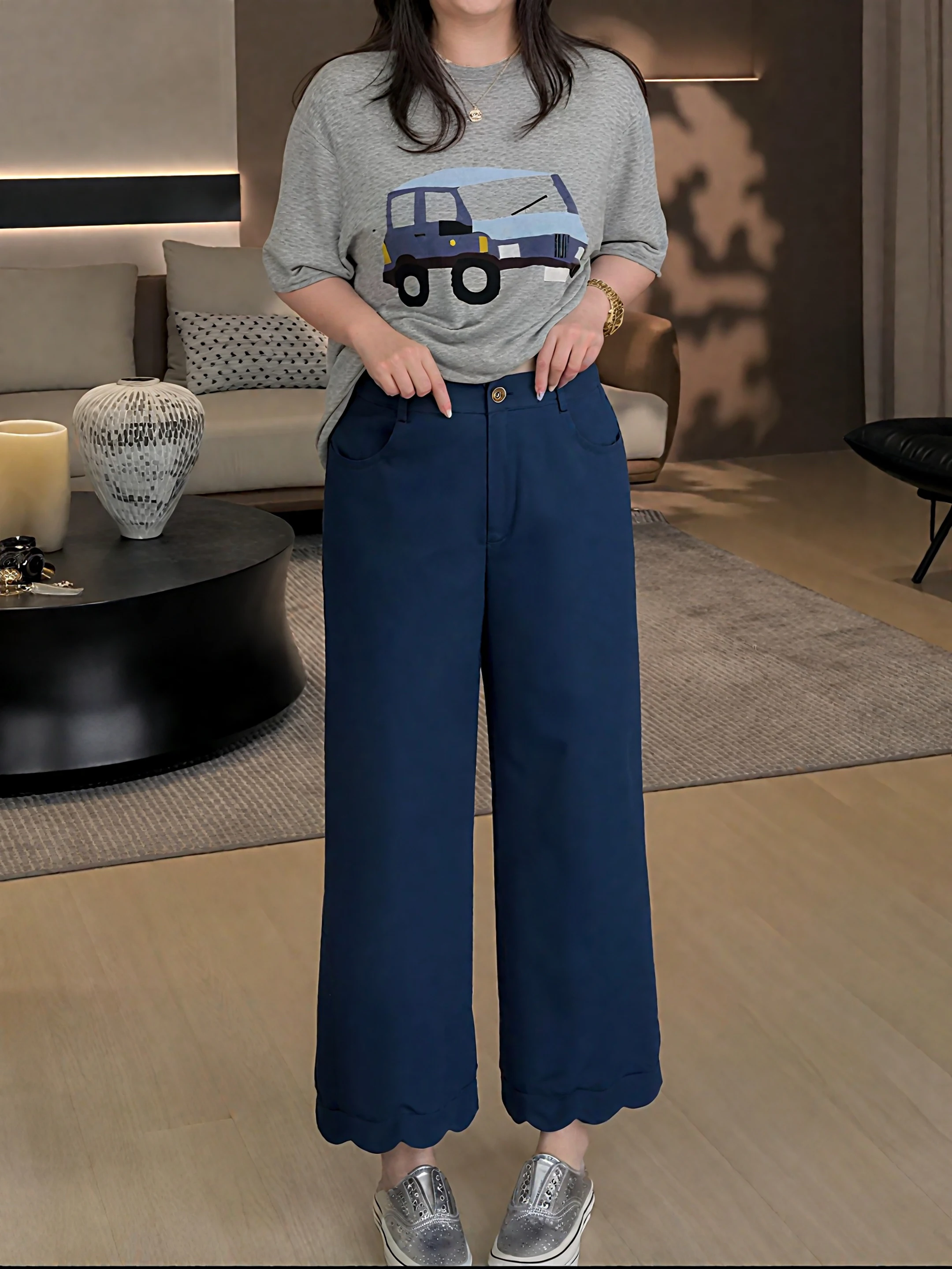 

Eco-Friendly Cotton Casual Pants Double Wear Petal Nine-Tenths Straight Leg Pants plus Size Comfortable Loose Fit Ladies
