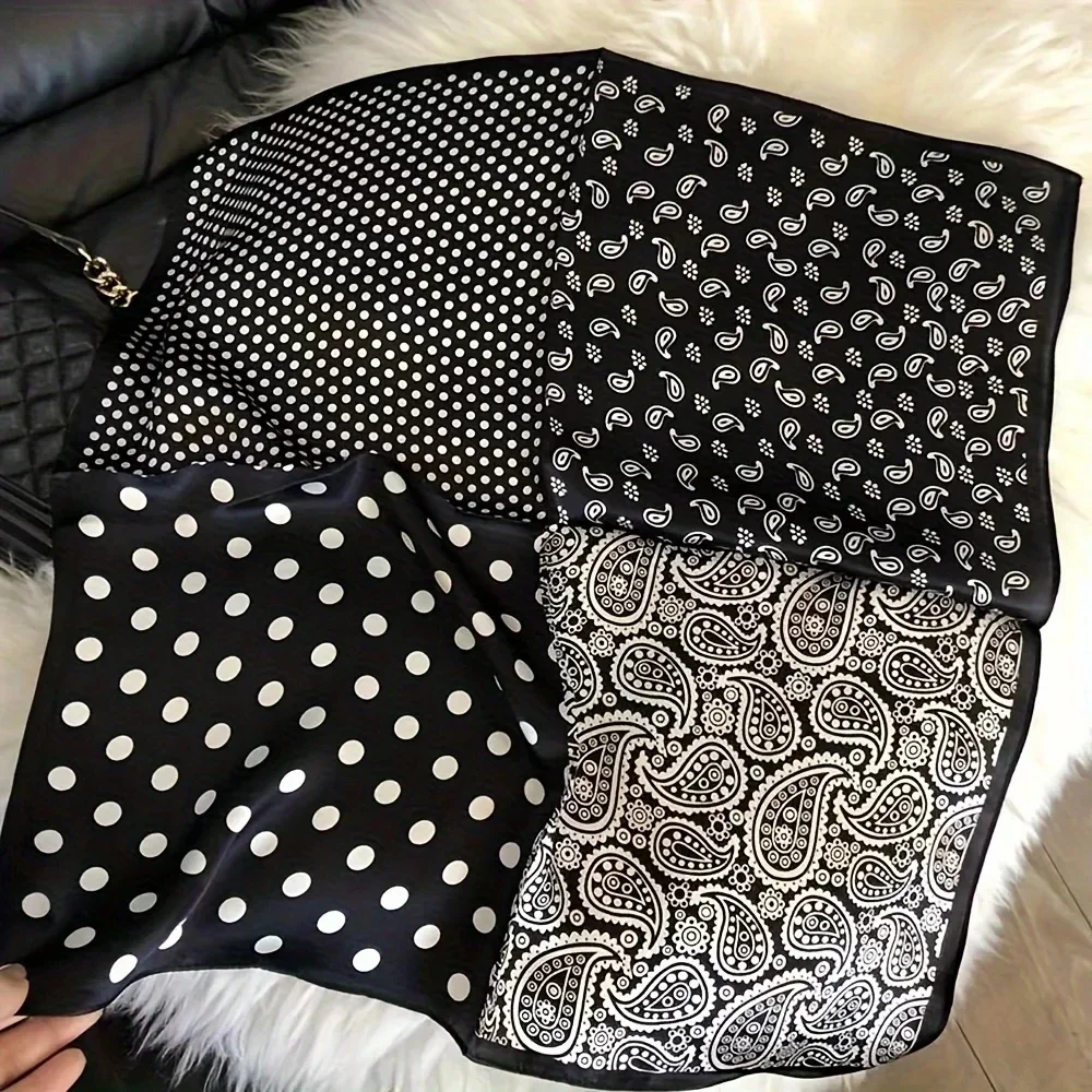 Luxury Polka Dot Paisley Print Square Scarf Black White Thin Decorative Neck Scarf Hairbands Sunscreen Headscarf For Women