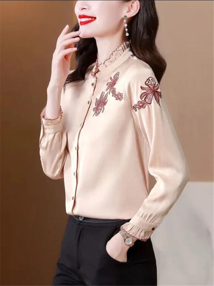 Ruffle Edge Blouses Silk Shirt For Women Long Sleeve Woman Clothes Shirt Embroidery Shirt Sation Female Blouses Button Up Top