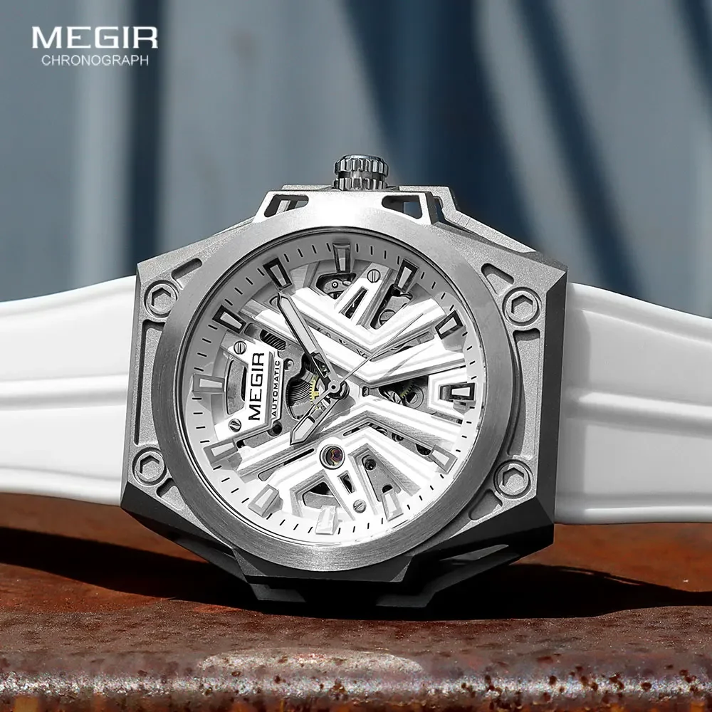 MEGIR Military Sports Automatical Watch Men White Silicone Strap Waterproof Luminous Skeleton Dial Mechanical Wristwatch 8603