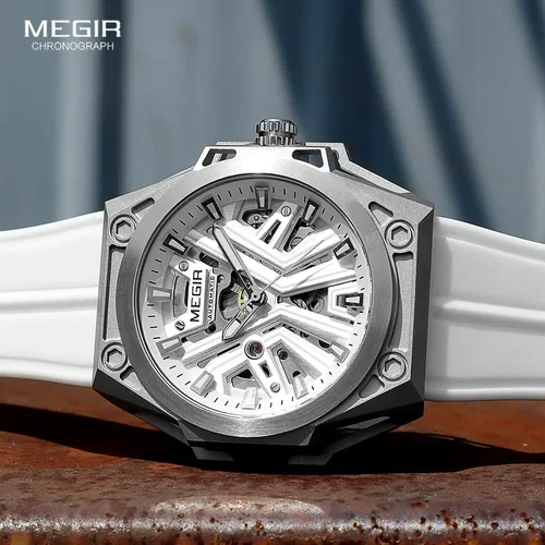 Reloj Automático deportivo militar MEGIR, correa de silicona blanca para hombre, reloj de pulsera mecánico con esfera con mecanismo al descubierto luminoso resistente al agua 8603