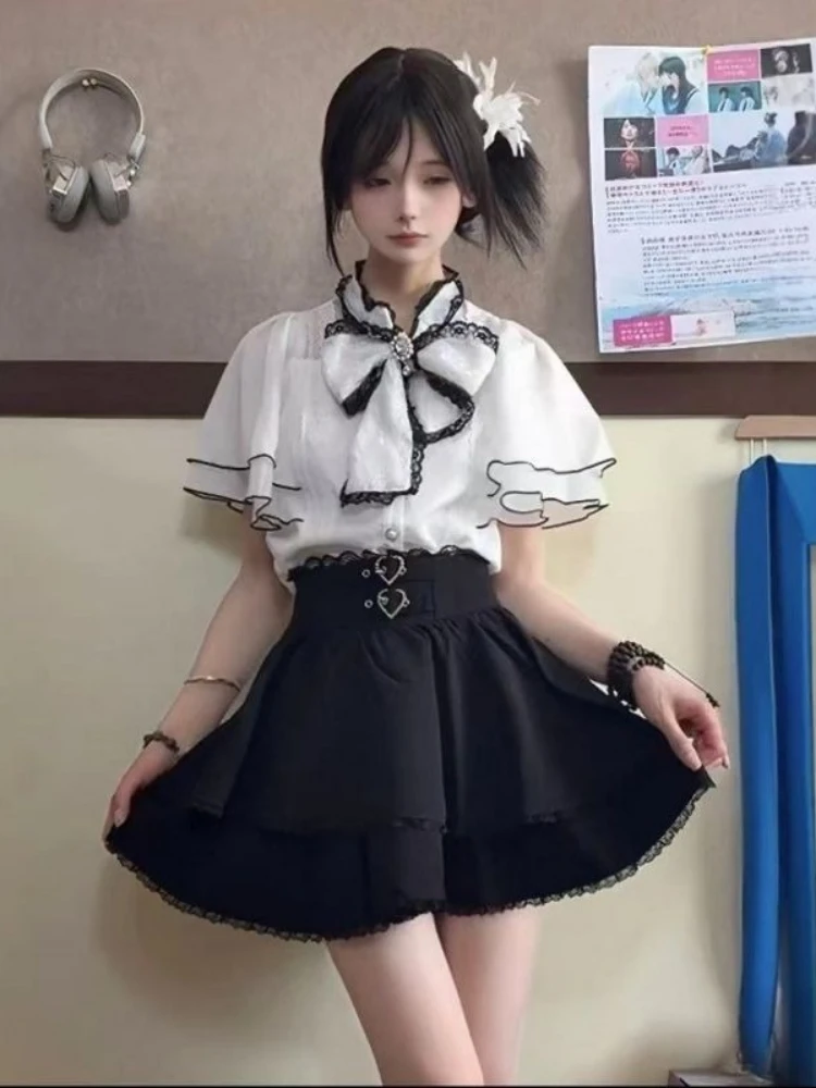 

Japanese Lolita Lace Patchwork Blouse Women Harajuku Single Breasted Cute Bow Shirts Girly JK Kawaii Sweet Loose Summer Blusas