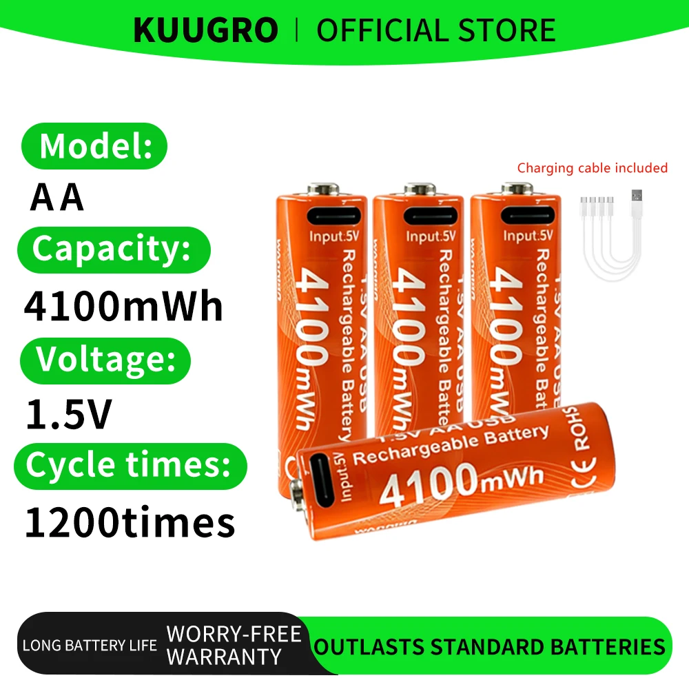Batteries rechargeables AA Kuugro High Drain 1,5 V 4100 mWh, charge USB rapide, recyclage rapide pour flash d'appareil photo Speedlite