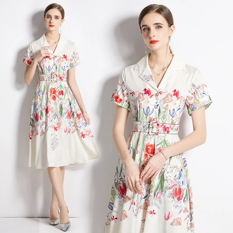 Banulin French Style Sweet Shirt Dress Summer Women\'s Notched V-Neck Short Sleeve Floral Print Button Up Belt Party Vestidos