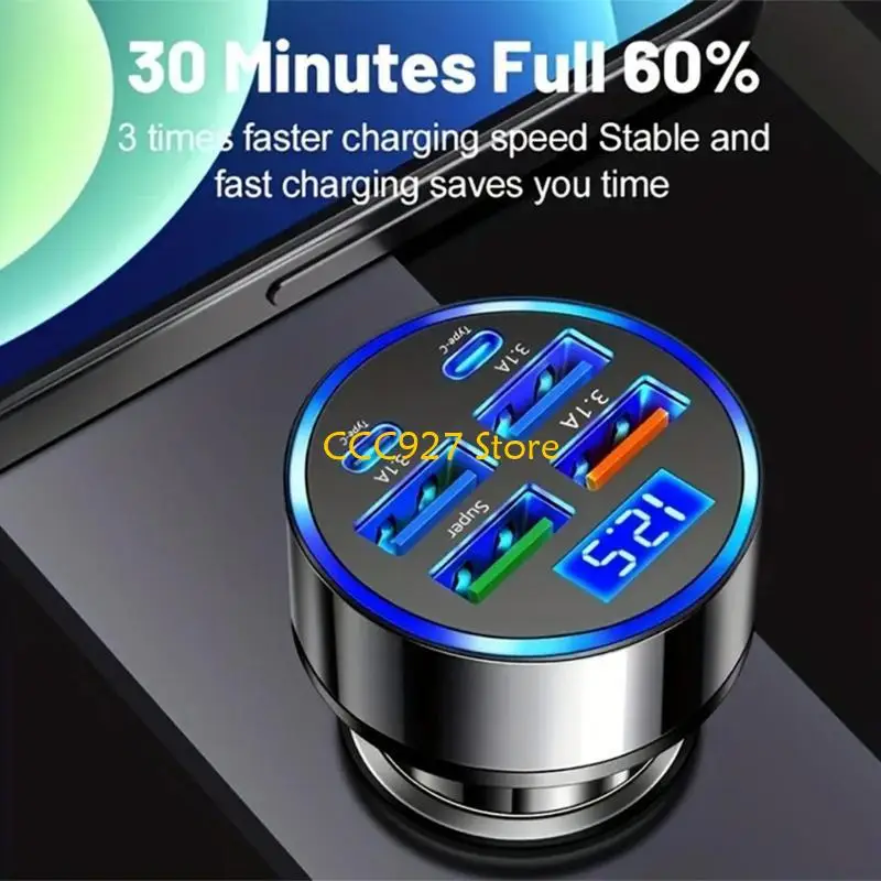 B03F Practical Metal Plastic Car Charging Adapter with 4 USB Ports Real Time Current Screen Display for Car Use