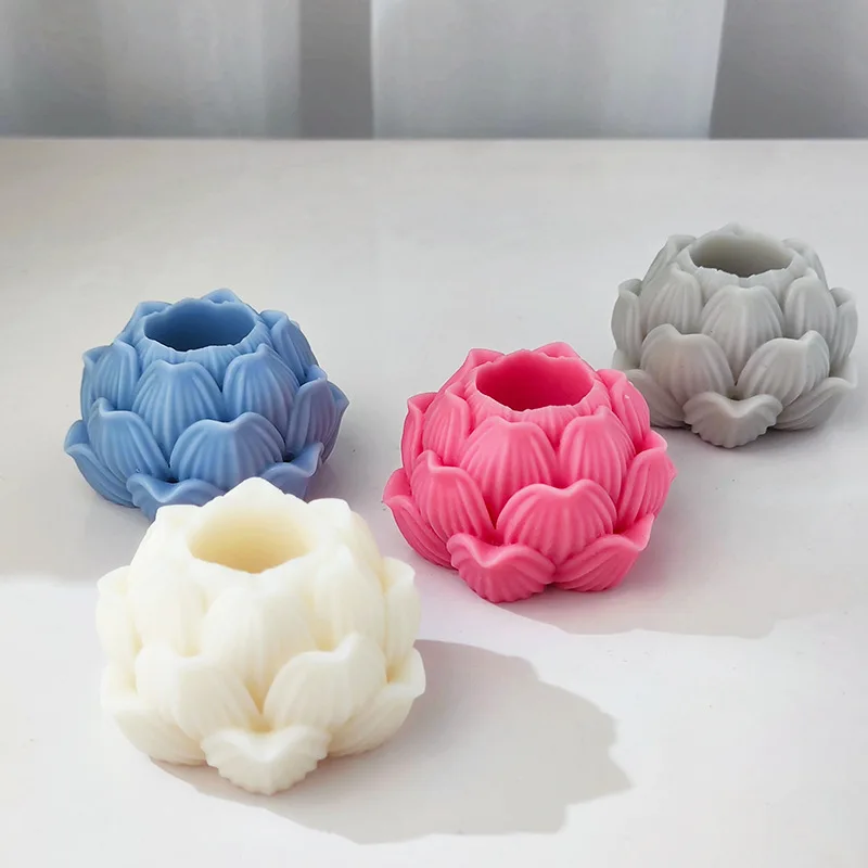 Lotus Candlestick Candle Holder Silicone Mold 3D Flower Gypsum Cement Tabletop Home Decoration Mold