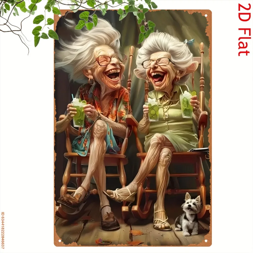 2D Flat – Ein Vintage-Metallschild mit 2D-Messschild, 20 x 30 cm/8 x 12 Zoll |   Zwei Großmütter sitzt in Lachen mit Schaukelstühlen