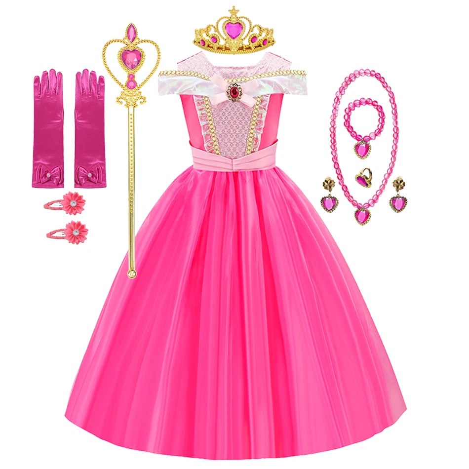 

2024 Girls Costume Sleeping Beauty Aurora Cosplay Dress Off Shoulder Kids Halloween Christmas Gift Fancy Party Princess Clothing