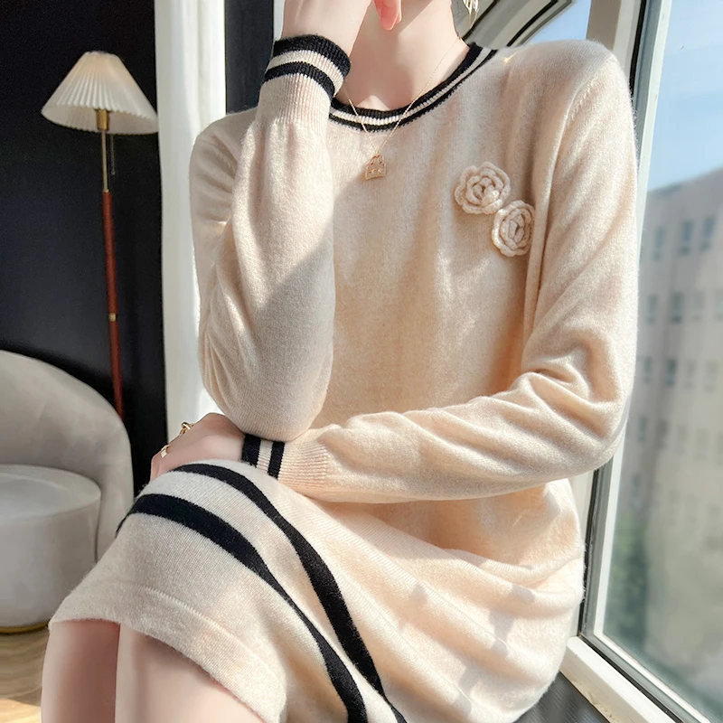 2023 autumn and winter new round neck pure wool cashmere pullover skirt Women's fashion camellia knit sweater mid-length skirt