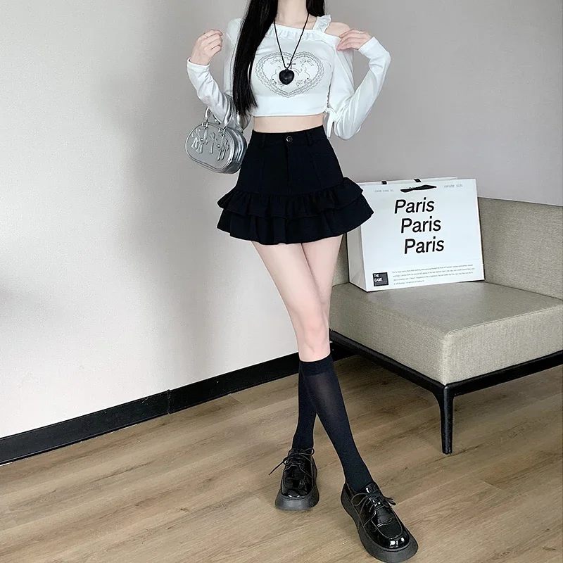 High waisted pleated skirt women\'s A-line skirt 2024 autumn and winter thick slimming skirt ruffle edge cake skirt short skirt