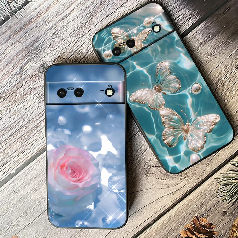 Luxury Rose Butterfly Flower For Google Pixel 9 8 7A 7 6A 6 5A 5 4 4A XL 5G Black Silicon Shockproof Shell Funda Phone Case