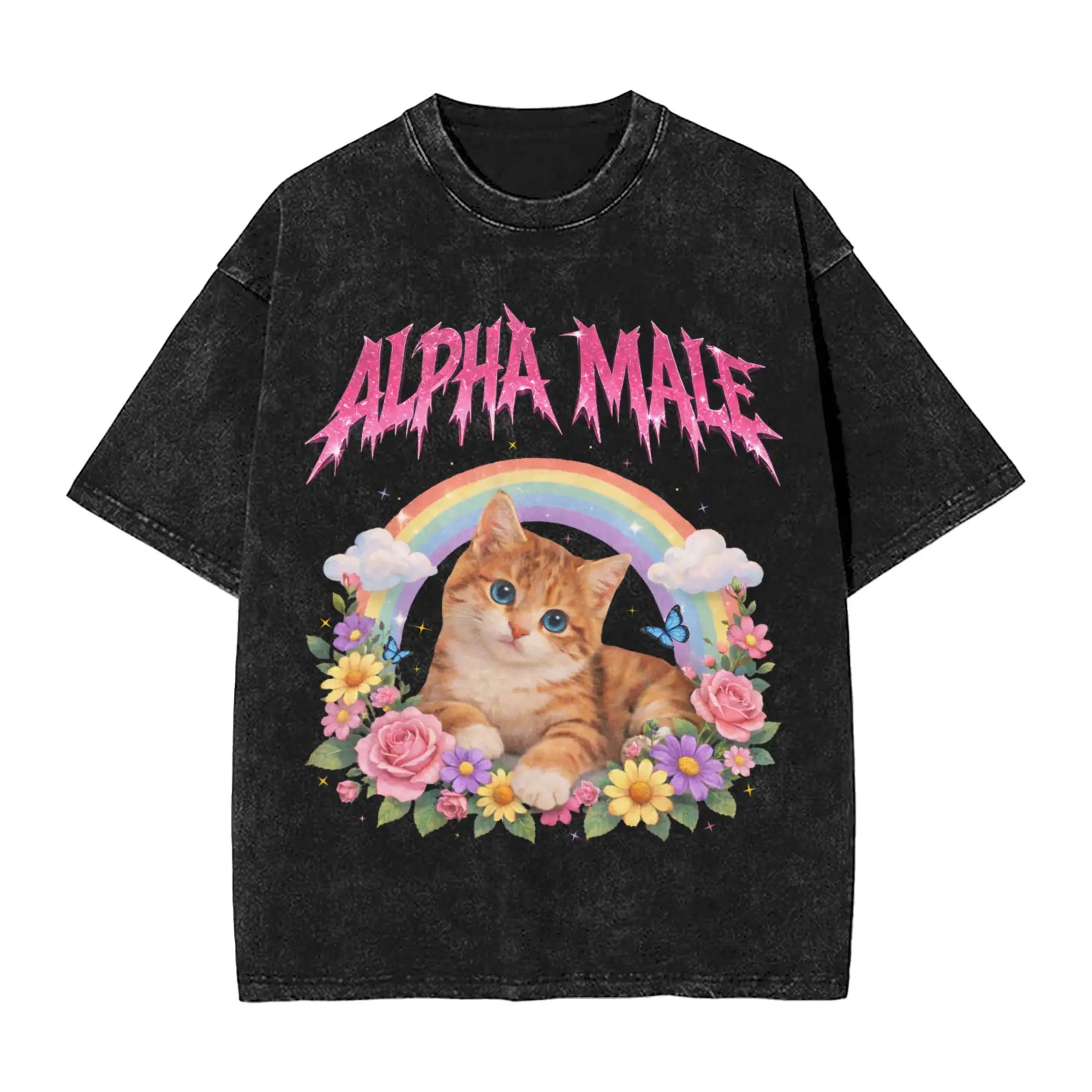Alpha Male Funny Kitten Rainbow Floral T-Shirt  Trendy Cool T-Shirts Short-Sleeve Y2K Basic Tshirt Summer O Neck Big Size Tees