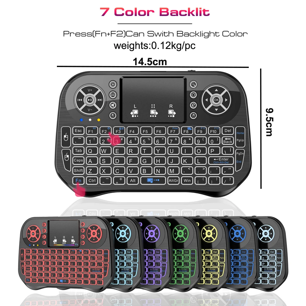 Mini Teclado Sem Fio Bluetooth, 2.4G, Dual Mode Backlit, Inglês, Russo, Francês, Espanhol, Portugal, Android, TV Box, PC, Projetor