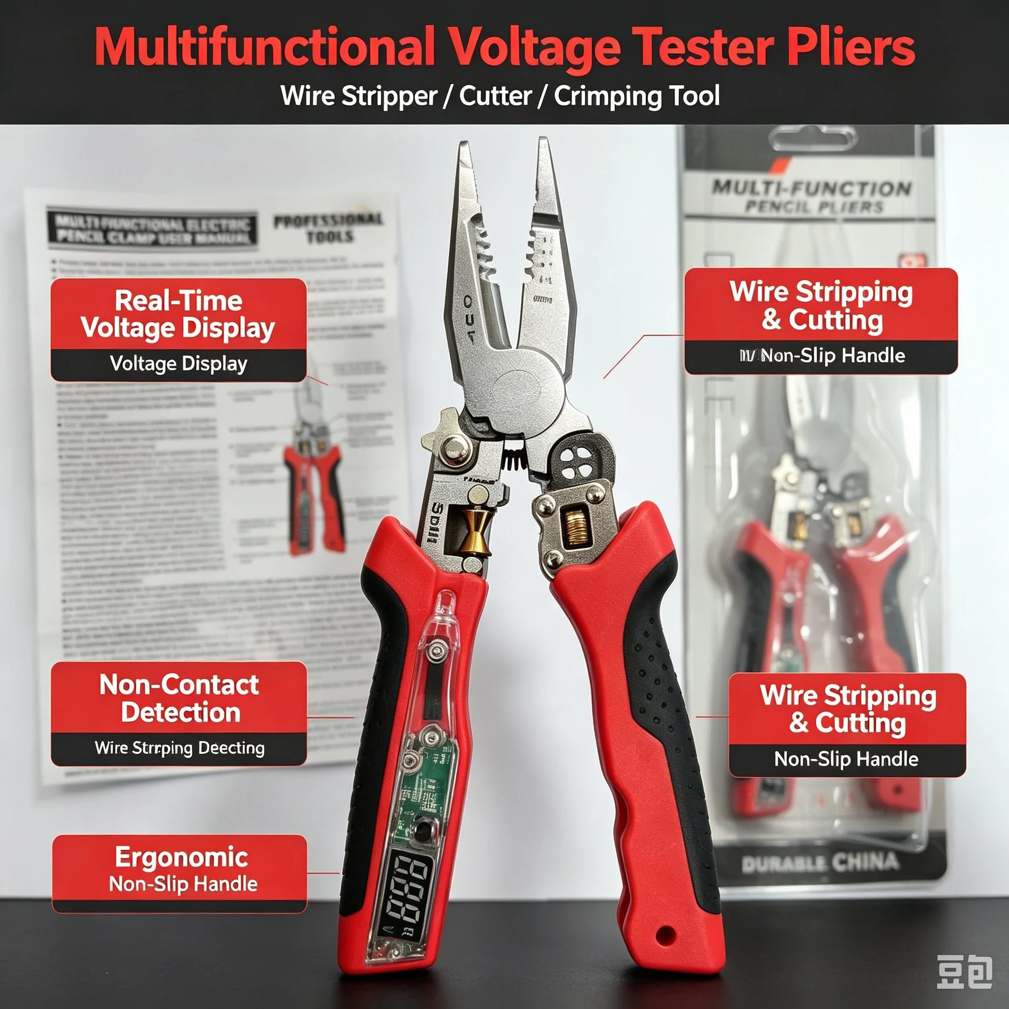 Professional Adjustable Wire Stripper with USB Charging Voltage Detection Multifunction Cutting Stripping Tool for Electricians
