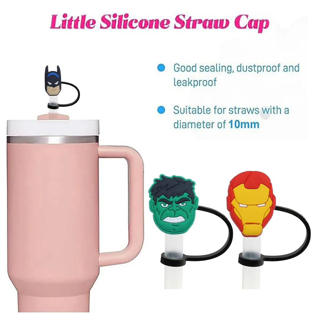 Marvel DC superheroe Straw Cover Cap for Reusable Drinking Dust Cap Glas Cup Accessories,Straw Toppers 10mm Silicone Straw Cover