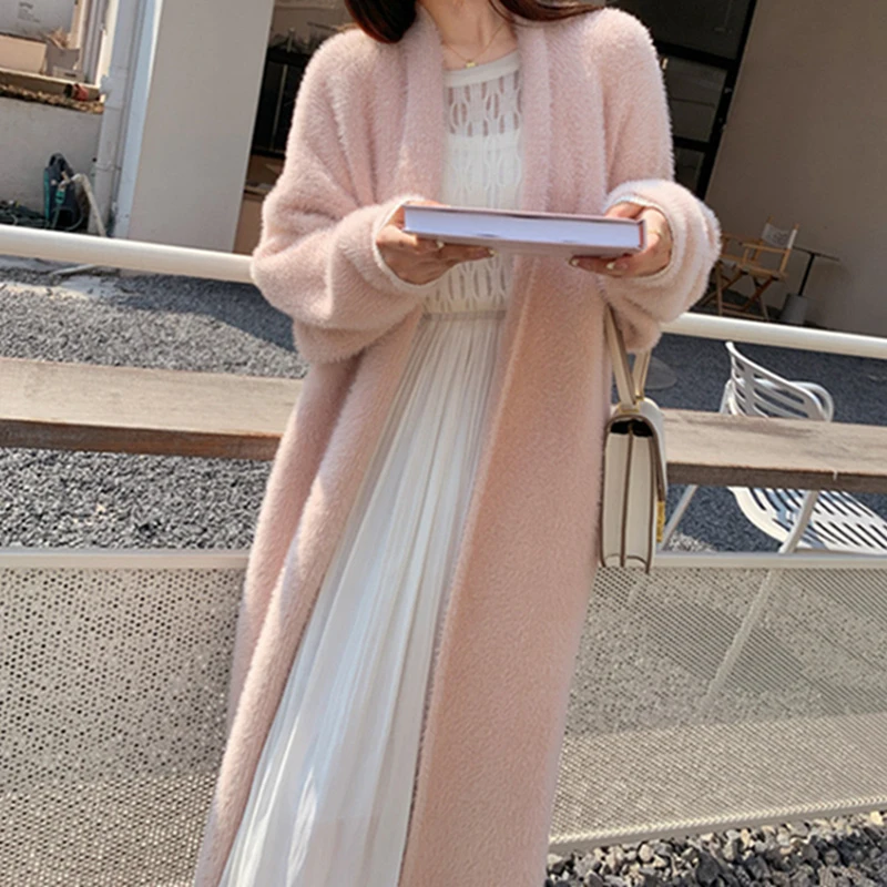 Korean Casual Imitation Mink Fur Cardigan Women Y2K Solid Long Sweaters Elegant Vintage Knitted Coat Winter Soft Loose Jackets