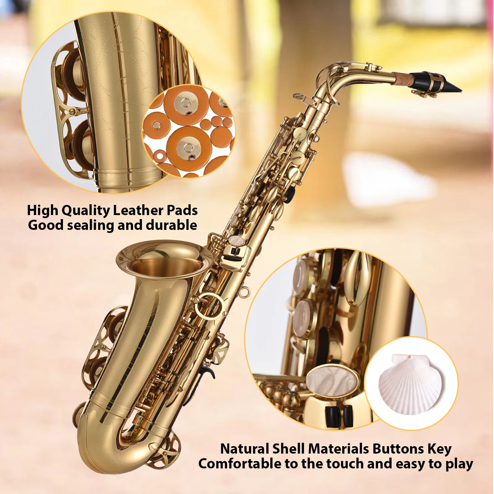 Eb Alto Saxophone Brass Lacquered Gold E Flat Sax 875 Key Type  Instrument with Cleaning Brush Cloth Gloves Strap Padded Case