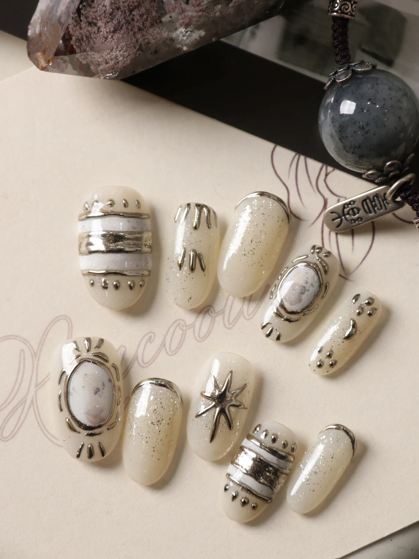 10Pcs Press on Nails Beige Golden Line Fake Nails Includes 1 Sheet of Adhesive Tabs & 1 Pc Mini File