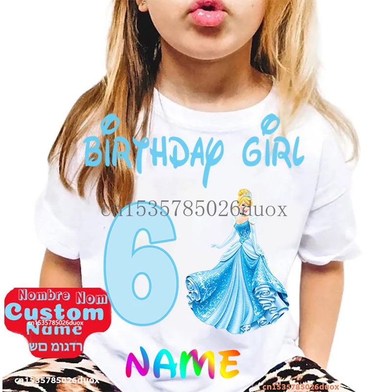2 3 4 5 6 7 8 9 ديزني الأميرة ياسمين عيد ميلاد الملابس هدية سندريلا Kawaii فتاة تخصيص اسم الصيف قصيرة الأكمام التي شيرت