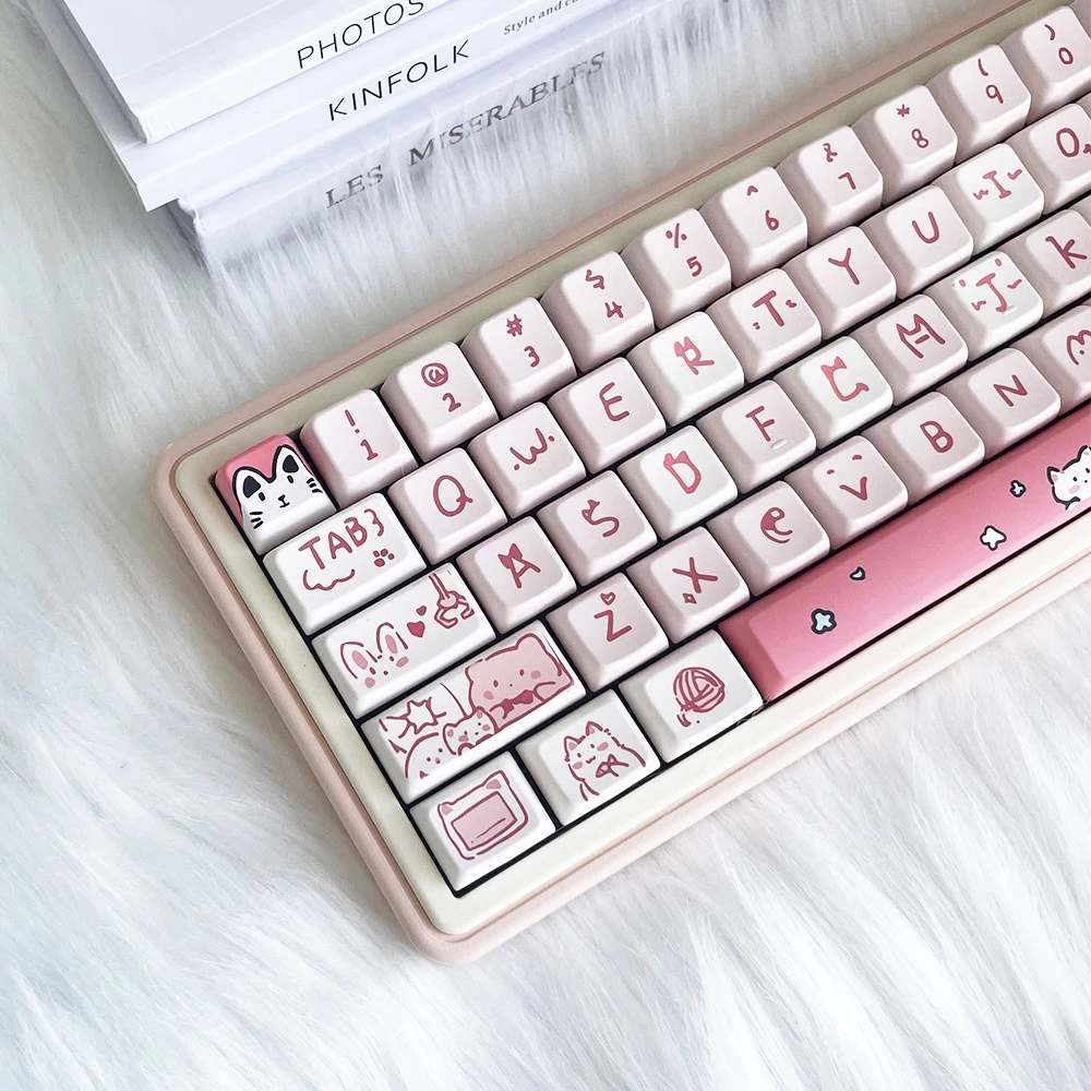 Imagem -02 - Cute Cat Anime Keycaps Caps de Teclado Mecânico Perfil Mda Pbt Miau Rosa Gatinho dos Desenhos Animados 66 Chaves 146 Chaves