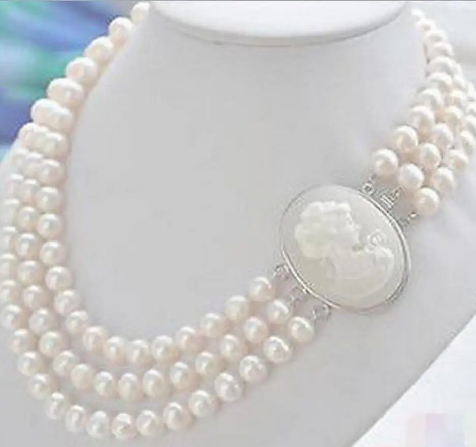 

Jewelry New 3row 9-10mm WHITE ROUND FRESHWATER PEARL NECKLACE