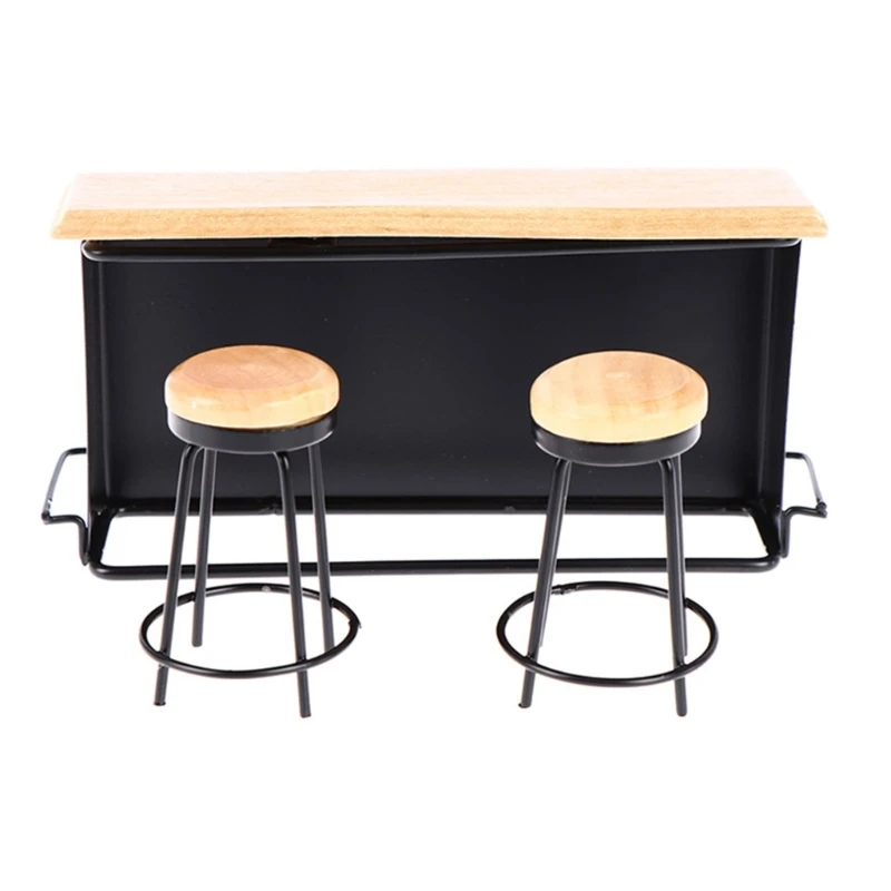 

1/12 Doll House Bar Counter with 2 Bar Stools Collectible Model Bar Table Miniature Furniture Craft Model Project Decors 15UB