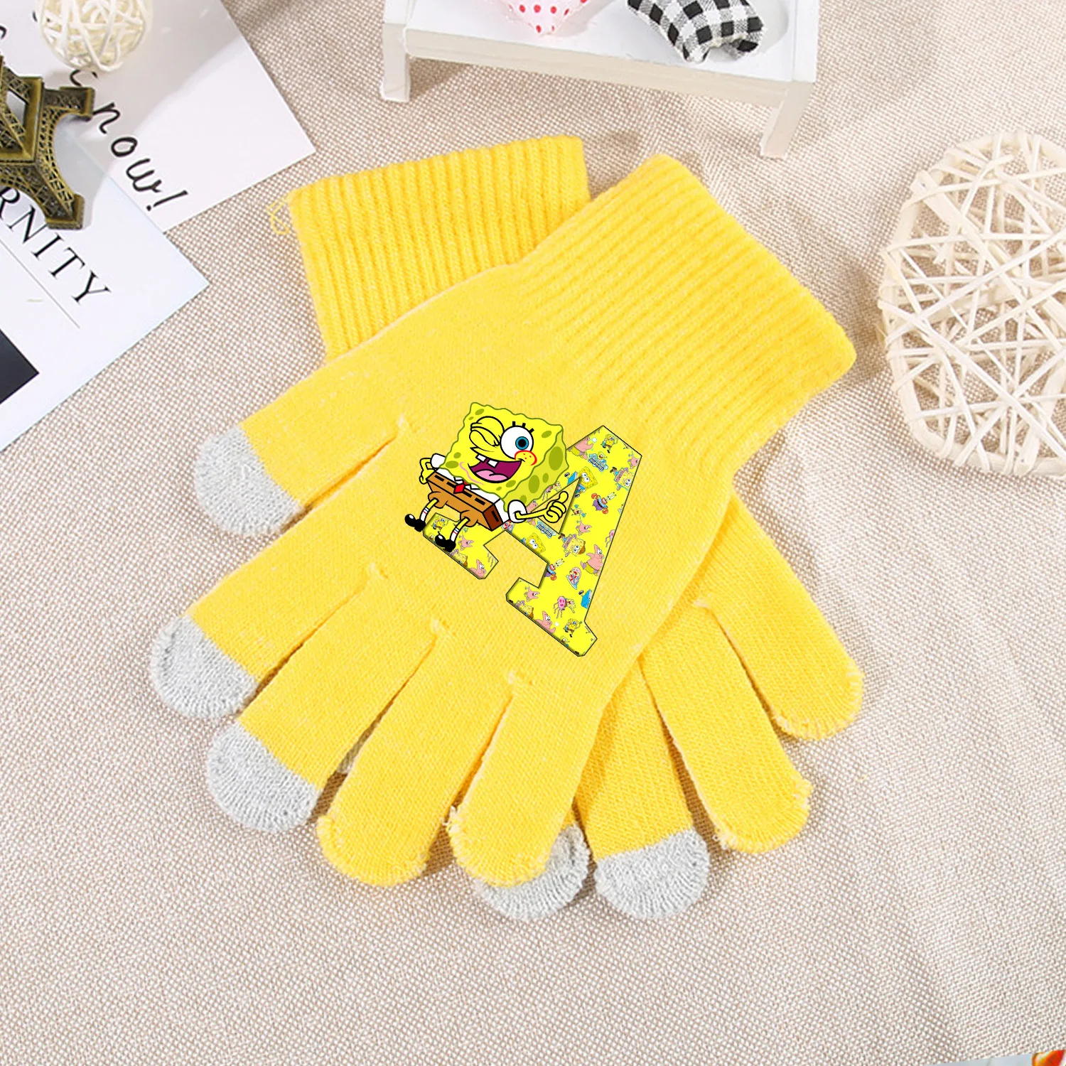 Spongebob Glove for Children Letter A-Z Cartoon Knitted Gloves Winter Warm Mitten Fashion Yellow Mittens Accessories Kids Gift