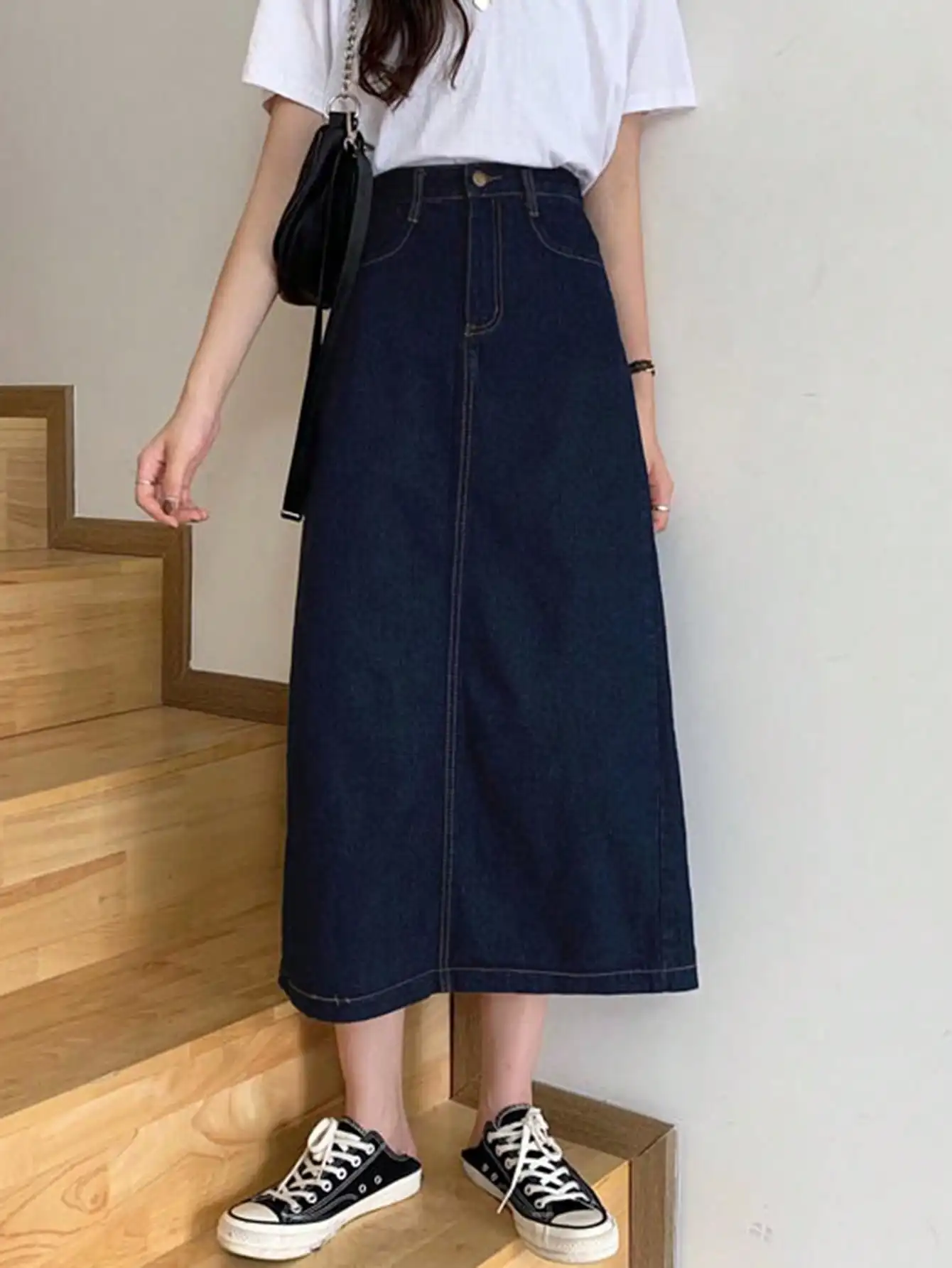 Korean Chic Autum Retro American Blue Mid-Length Hip-Covering A-Line Skirt High-Waisted Slim Denim Skirt Women's Iqo Kmitertao