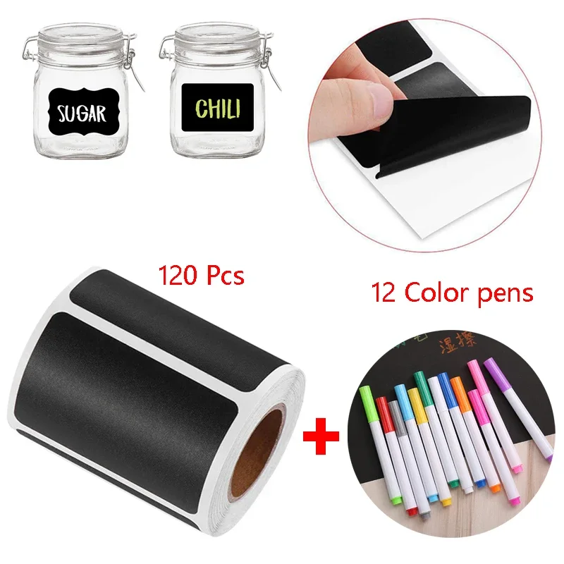 120PCS Writable Blackboard Label Custom Stickers Reusable for Kitchen Jars Removable Waterproof Chalkboard With Colors Pen