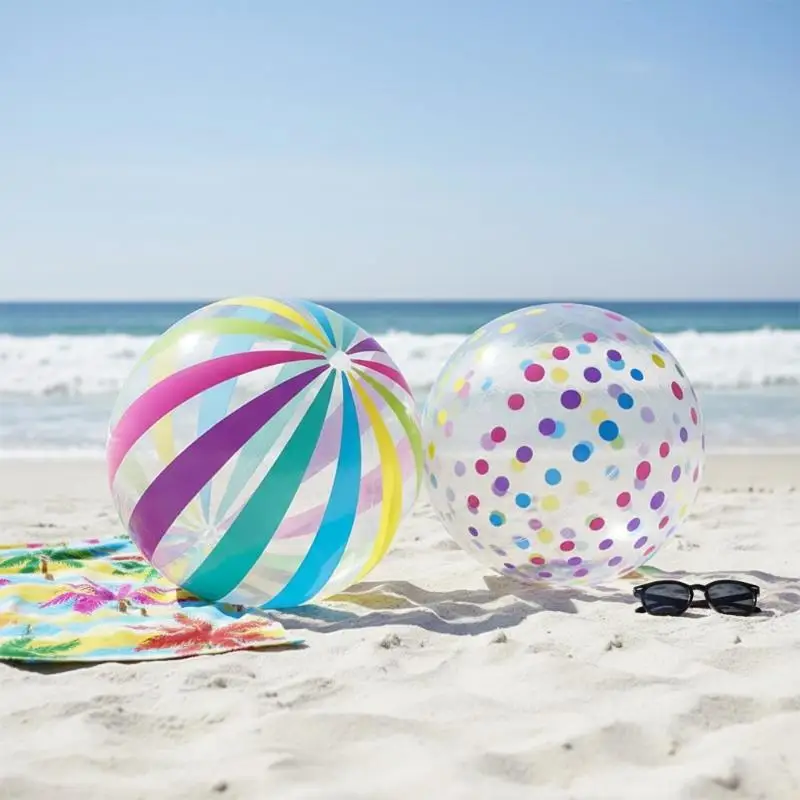 【Beautiful】Colorful Dots & Stripes PVC Inflatable Ball - Transparent Printed Toy For Pool Parties, Family Games, Kids Play,