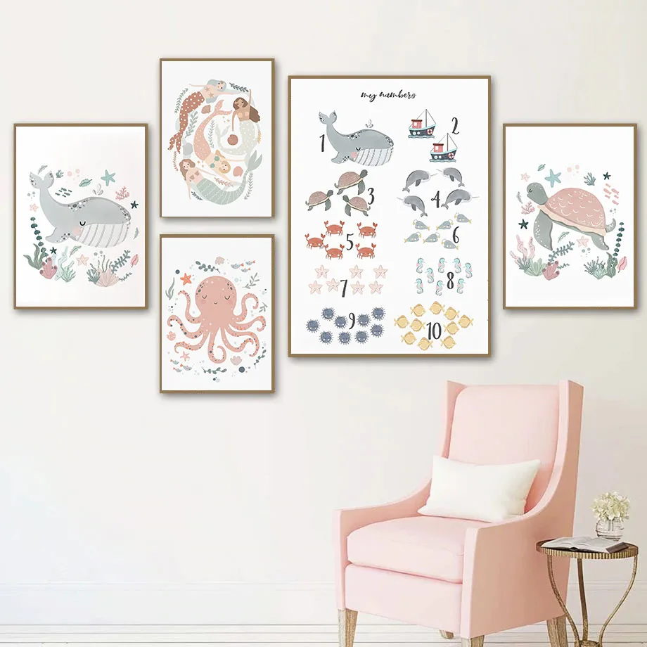 Boho Whale Turtle Octopus Mermaid Alphabet Cartoon Poster Nordic Wall Art Print Canvas Painting Pictures Baby Kids Room Decor