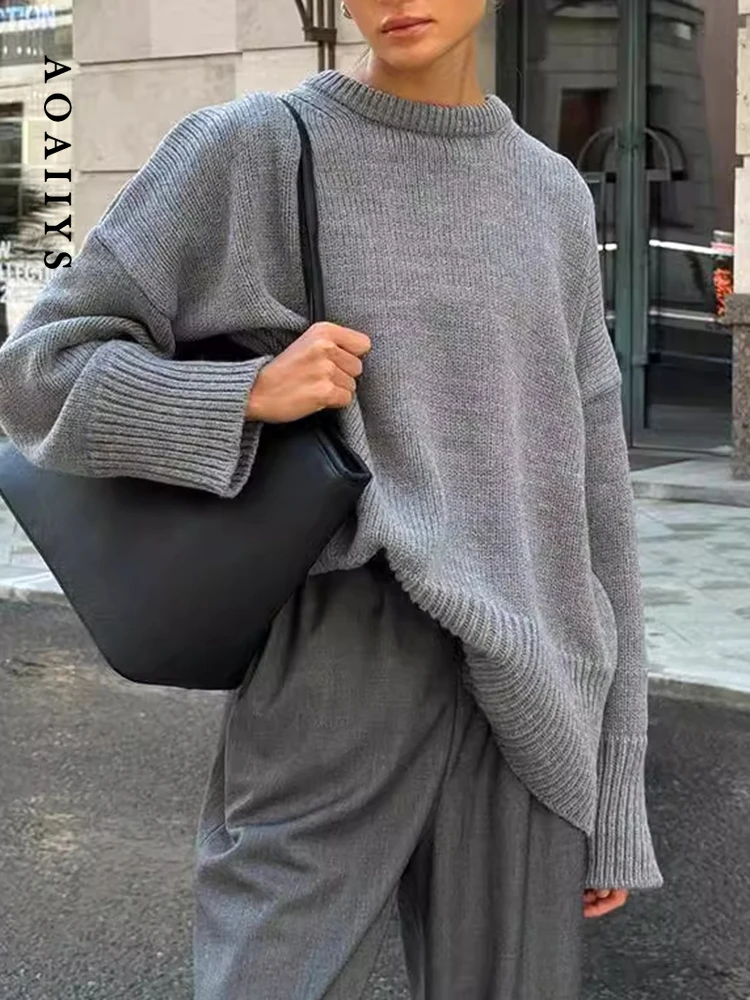 

Aoaiiys Casual Sweaters Women O Neck Solid Knitted Jumpers Comfortable Long Sleeve Pullover Autumn Winter New Simple Sweaters