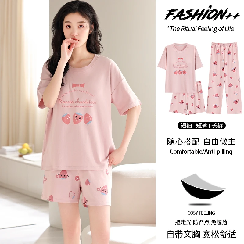 Summer M-5XL 100％ Cotton Women Pajamas Set 3 Pieces Set Short-sleeved Suit + Long Pants Sleepwear Female Homewear With Chest Pad