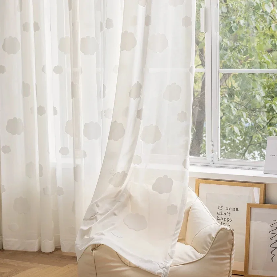 

Cartoon Relief Cloud White Sheer Curtain For Kids Bedroom, Simple Cute Tulle Curtain For Living Room, Home Window Curtain Decor