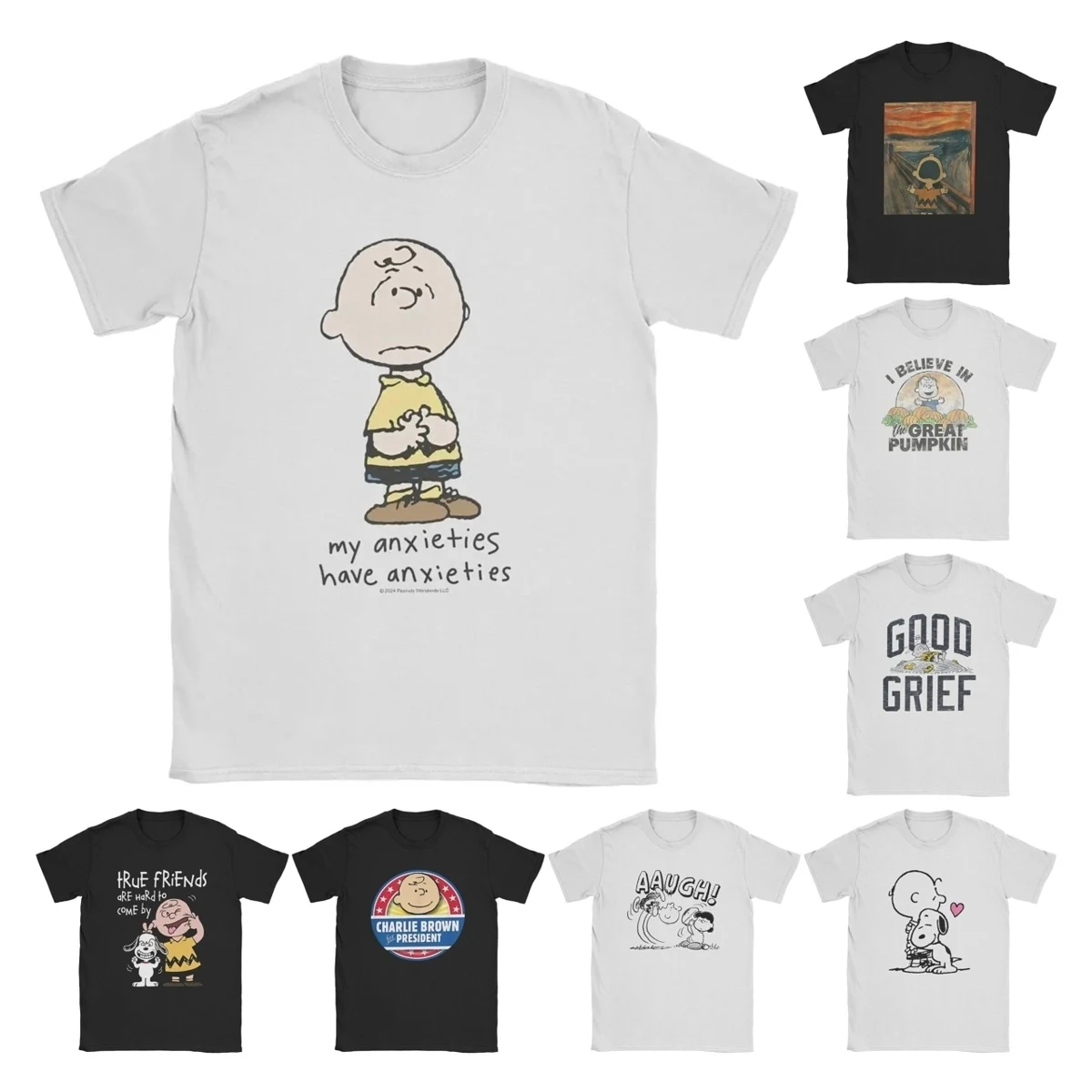 Men Peanuts Charlie Brown Anxieties Snoopy T Shirt Cotton Clothing Funny Short Sleeve Crewneck Tee Plus Size T-Shirt