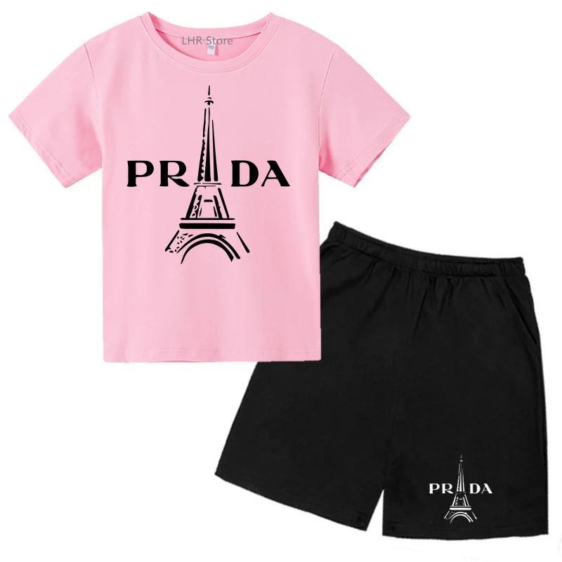 Eiffel tower summer wear Tshirt Suitable for children T-shirt tops +Shorts set Boys Girls age 3-12 Round Neck Short Sleeve