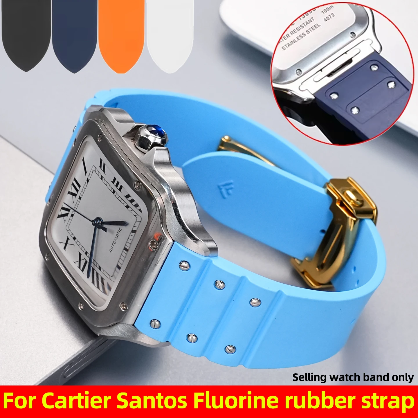 Quick Release FKM Strap for Cartier Santos WSSA0009 WSSA0017 – 19mm 21mm Bracelet Waterproof Fluorine Rubber Men's Watch Band