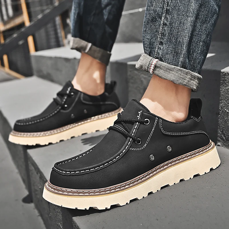 

Men High Quality Casual Leather Oxford Shoes Rubber Thick Soled Loafers Men Lace-up Suede Leather Shoes Outdoor Sneakers Boots