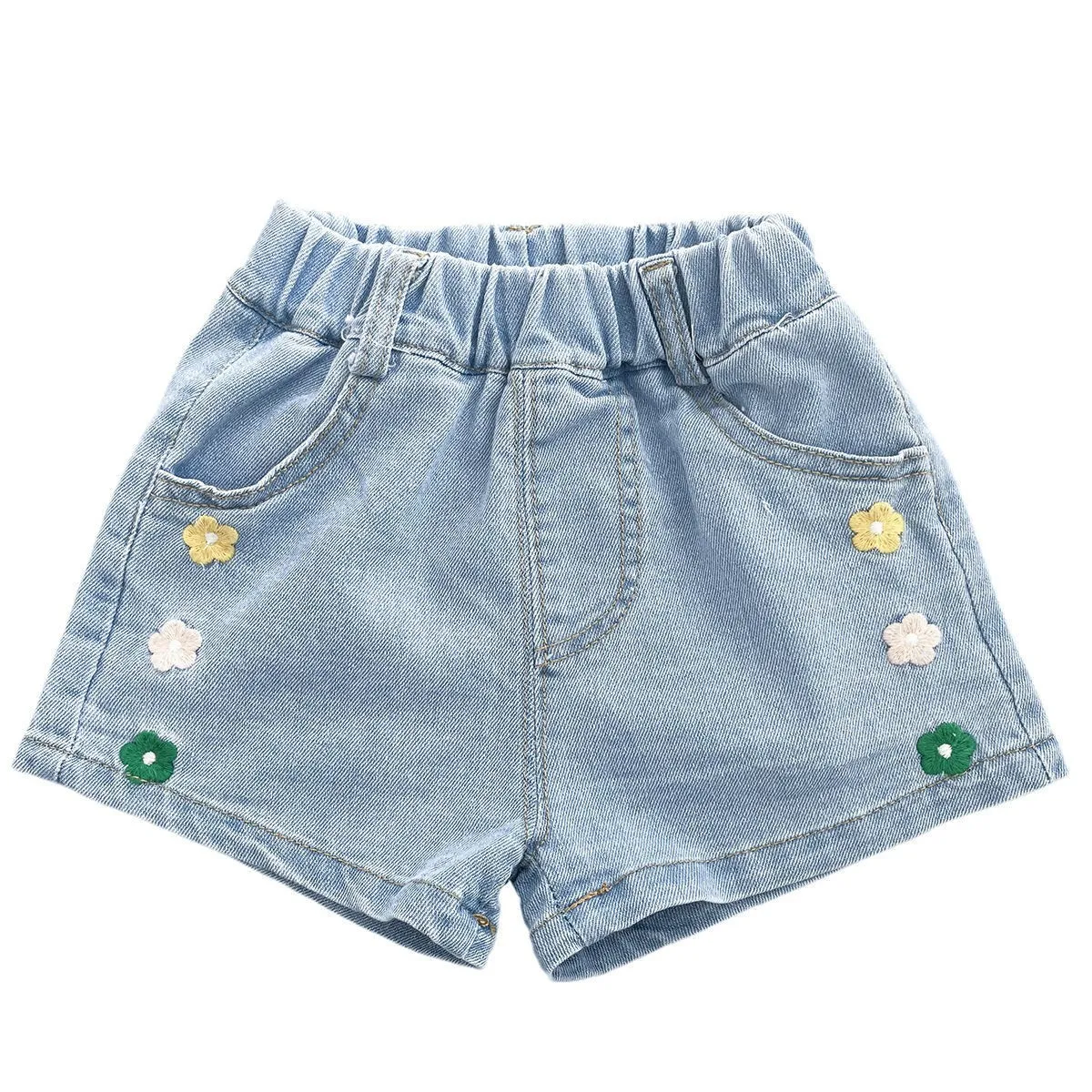 Girls Denim Shorts Summer Flowers Embroidery Elastic Waist Short Pants Children Solid Color Casual Jean Shorts 2-12Y